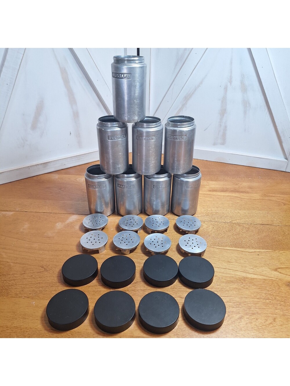 Kromex Aluminum Spice Jar Set of 8 Silver Shakers & Black Lids 3.75"H X 2"W
